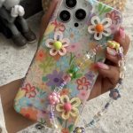 قاب موبایل ( آیفون ) گل بابونه رنگی رنگی برجسته + بندست