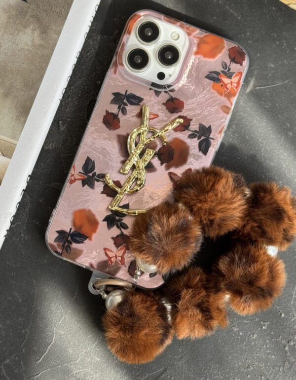 قاب موبایل آیفون سن لورن دم روباهی پروانه گل سرخ + بندست پشمی