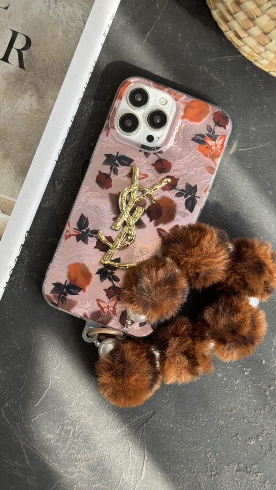 قاب موبایل آیفون سن لورن دم روباهی پروانه گل سرخ + بندست پشمی